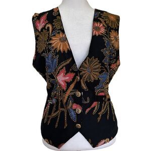Vintage Floral Beaded Vest Size M Black Bohemian 90s Style theo Brand